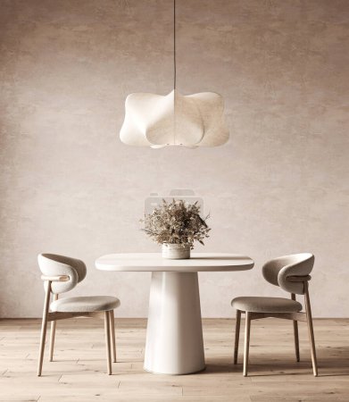 A serene dining space with a sculptural light fixture, round table, textured chairs, and a rustic vase of dried flowers. 3d render