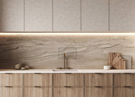 Primer plano de una pared posterior texturizada de arenisca de cocinas con iluminación ambiental sobre gabinetes de madera sin costuras. 3d renderizar