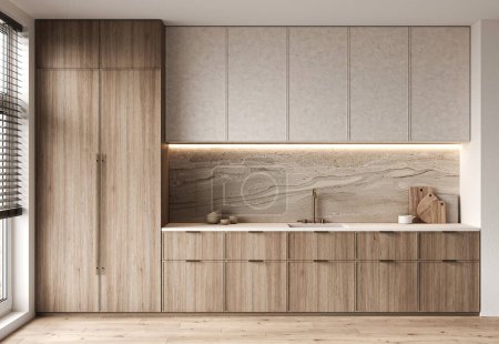 Modern kitchen design featuring tall wooden cabinets, integrated appliances, and a stunning sandstone backsplash with under cabinet lighting. 3d render