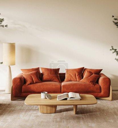 Ein schickes skandinavisches Wohnzimmer mit Plüsch-Terrakottasofa, geschmackvoller Wandkunst und minimalistischem Dekor für ein anspruchsvolles Wohnambiente. 3D-Darstellung