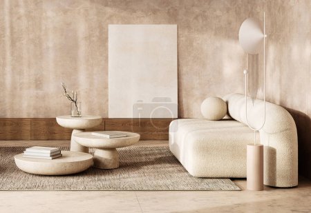 Ce salon scandinave contemporain respire la sophistication avec un mobilier curviligne et un éclairage affirmé, sur fond texturé. 3d rendu