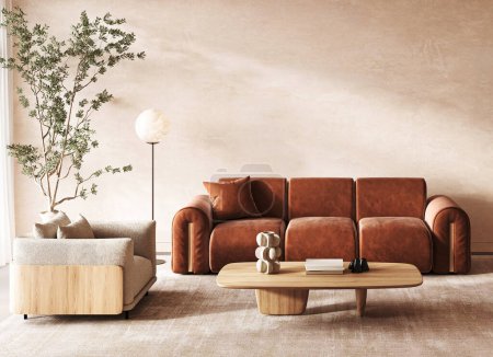 Skandinavisches Wohnzimmer mit einem luxuriösen Samt-Terrakottasofa, modernen Holzmöbeln und einer schicken Stehlampe für ein elegantes Ambiente. 3D-Darstellung
