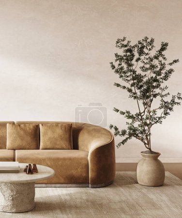 Foto de Un rincón escandinavo sereno con un sofá de terciopelo dorado y elementos orgánicos, creando un espacio de vida tranquilo y lujoso. 3d renderizar - Imagen libre de derechos