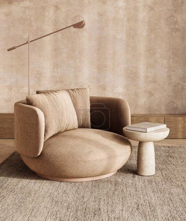 Diese einladende Boho skandinavische Ecke verfügt über einen weichen Sessel und eine charakteristische Stehlampe vor einem strukturierten beigen Hintergrund. 3D-Darstellung