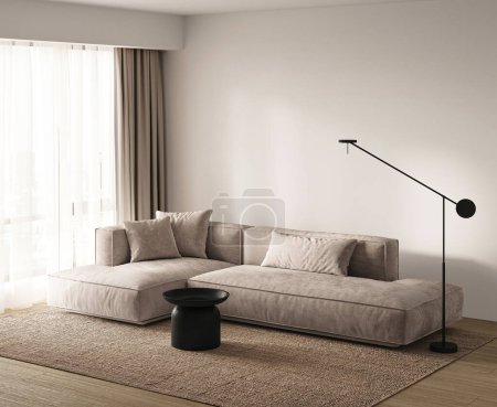 Foto de Una serena sala de estar contemporánea, adornada con un lujoso sofá de tonos neutros y acentos modernos, bañada por la suave luz del día que fluye a través de cortinas transparentes. 3d renderizar - Imagen libre de derechos