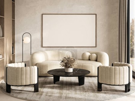 Foto de Esta moderna sala de estar combina el encanto bohemio y el minimalismo escandinavo, con asientos de felpa beige y una elegante lámpara de pie. 3d renderizar - Imagen libre de derechos