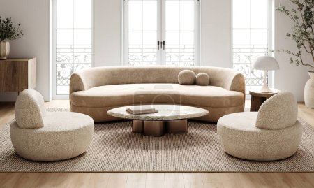 Una amplia sala de estar boho chic, disfrutando de la luz natural, con un sofá curvo y una elegante mesa de café de mármol. 3d renderizar
