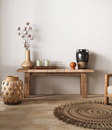 Photo for A charmingly curated rustic wooden console displays a collection of vases and candles, complemented by a wicker stool and textured rug in a cozy corner that epitomizes bohemian warmth. 3d render - Royalty Free Image