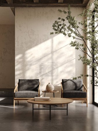 Warmes Sonnenlicht taucht ein zeitgenössisches Wohnzimmer, in dem die schicken Holzsessel und der runde Couchtisch eine einladende und raffinierte Atmosphäre schaffen. 3D-Darstellung