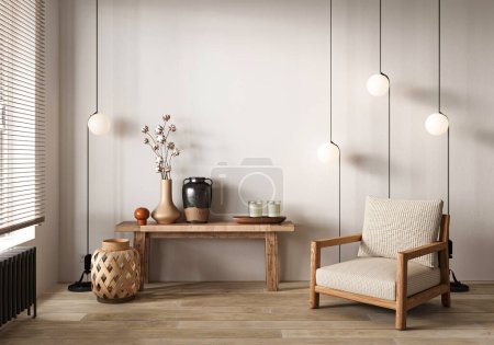 The minimalist design of this entryway is accentuated by a sleek wooden console, elegant hanging pendant lights, and a cozy armchair, setting a modern and welcoming tone. 3d render