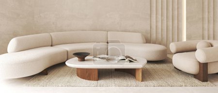 Salon moderne avec un canapé courbé beige, une table basse élégante en bois et un tapis doux et shaggy dans une palette de couleurs neutres