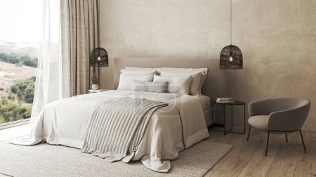 Einladendes Schlafzimmerdesign bietet einen ruhigen Rückzugsort mit bequemen Betten, eleganten Pendelleuchten und einer atemberaubenden Aussicht