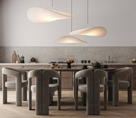 Cette salle à manger allie design moderne et confort, avec des chaises sculpturales et un éclairage suspendu bio