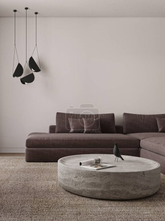 Photo for A chic living room showcasing a plush sectional sofa and a round concrete coffee table, illuminated by modern pendant lights - Royalty Free Image