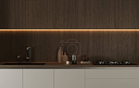 Téléchargez les photos : Une cuisine moderne dispose d'équipements élégants et d'un éclairage ambiant chaleureux, sur fond de bois sombre, alliant fonctionnalité et style. - en image libre de droit
