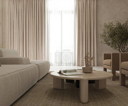 Foto de Una lujosa sala de estar bañada en luz natural de cortinas transparentes, centrada alrededor de una elegante mesa redonda - Imagen libre de derechos