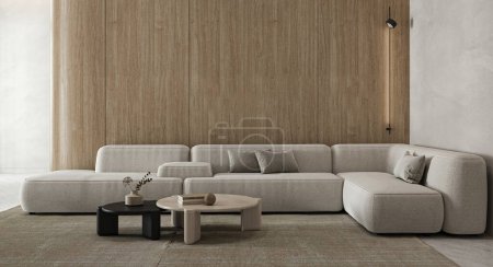 Photo for A tastefully designed minimalist living space highlighting an elegant beige modular sofa set against warm wood paneling - Royalty Free Image