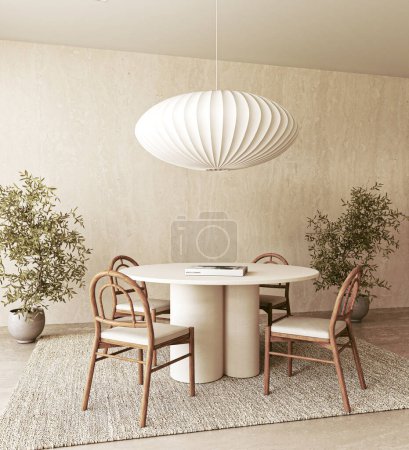 Modernes Esszimmer mit auffälligem weißen Pendellicht, rundem Tisch und klassischen Bugholzstühlen vor einer strukturierten Wand