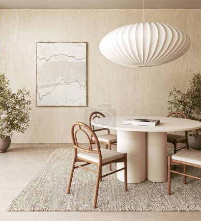 Sophisticated dining setting with a sculptural white pendant lamp, round wooden table, bentwood chairs, and a serene wall art piece