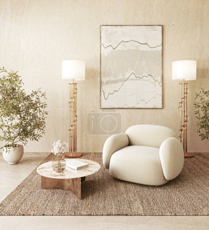 A modern, cozy living room corner with a plush beige armchair, elegant marble coffee table, brass floor lamps, and abstract wall art