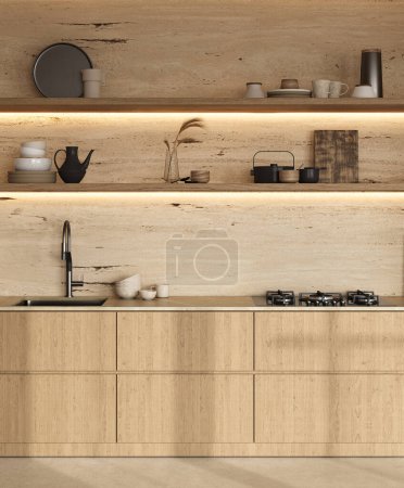 A contemporary kitchen space with a sophisticated wooden design, featuring open shelving illuminated by warm lighting and a selection of stylish kitchenware