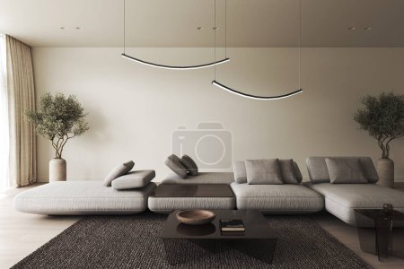Geräumiges und elegantes minimalistisches Wohnzimmer mit einem stilvollen modularen Sofa, einzigartiger geschwungener Beleuchtung und einem Olivenbaum im Topf. 3D-Darstellung