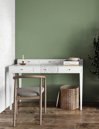 Ein elegantes weißes Home-Office-Setup mit einem minimalistischen Schreibtisch, einem Vintage-Holzstuhl und dekorativen Elementen