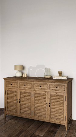 A tastefully decorated wooden sideboard with elegant home accessories set against a minimalist white backdrop