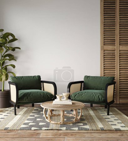 Elegant interior design showcasing two plush green armchairs, a rattan round coffee table, and a striking geometric rug