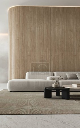 Modernes Wohnzimmer mit weichen neutralen Tönen, einem großen bequemen Sofa, Holzvertäfelung und minimalistischem Dekor
