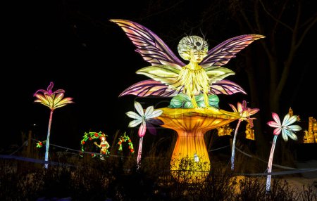 Night landscape of light lantern show with colored light sculpture of a fairy with large wings illuminated in different colors sitting on a huge mushroom surrounded by flowers