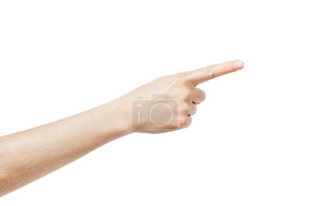 Foto de Señalando gesto aislado sobre fondo blanco. El dedo índice señala algo. Foto de alta calidad - Imagen libre de derechos