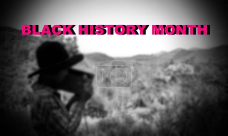 Photo for People wearing hat standing listening radio on mountain landscape, retro blurred picture. the concept of black history month in real life. - Royalty Free Image