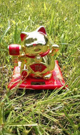 lucky cat, Japanese Cat ingot mean symbol good luck charm. closeup vertical gold figurine known Maneki Neko. look happy smiling stand on green grass.