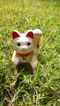 lucky cat, japanese doll ingot mean symbol good luck charm. closeup vertical white figurine known Maneki Neko. Happy smiling stand on green grass background.