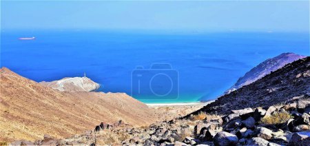 Photo for A scenic beauty of Persian Gulf beach from top of Al-Rabi mountain trails, United Arab Emirates. - Royalty Free Image