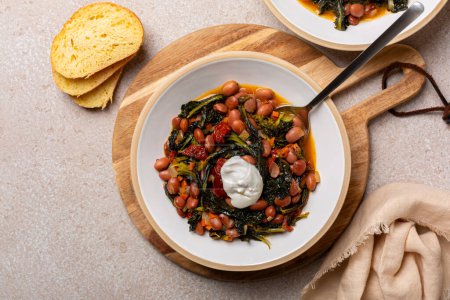 Photo for Braised kale, beans and sun dried tomato, sour cream in a light plate. Vegetable food, stew or soup. - Royalty Free Image