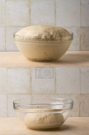 Photo for Glass bowl with fresh homemade yeast dough before and after rising. - Royalty Free Image