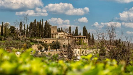 Photo for 03/30/2024 - Greve in Chianti, Italy. View on Castello Verazzano, italian castle, winery. Early spring, green foreground. - Royalty Free Image