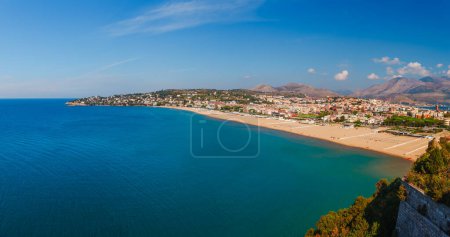 Photo for Panoramic sea landscape with Gaeta, Lazio, Italy. Scenic historical town with old buildings, ancient churches, nice sand beach and clear blue water. Famous tourist destination in Riviera de Ulisse - Royalty Free Image