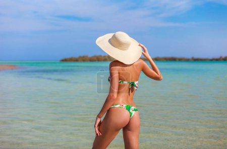 Foto de Atractiva espalda de disfrutar de la mujer al aire libre en la costa en el Mar Rojo, Egipto. Mujer feliz en bikini colorido y sombrero. Concepto de turismo de lujo en el país tropical. - Imagen libre de derechos