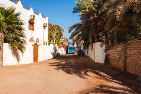 Téléchargez les photos : Rue et côte de la mer Rouge à Dahab, Sinaï, Egypte, Asie en été chaud. Destination touristique célèbre près de Sharm el Sheikh. Lumière brillante ensoleillée - en image libre de droit