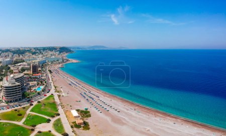 Photo for Aerial birds eye view drone photo of Rhodes city island, Dodecanese, Greece. Panorama with nice sand beach, lagoon and clear blue water. Famous tourist destination in South Europe - Royalty Free Image