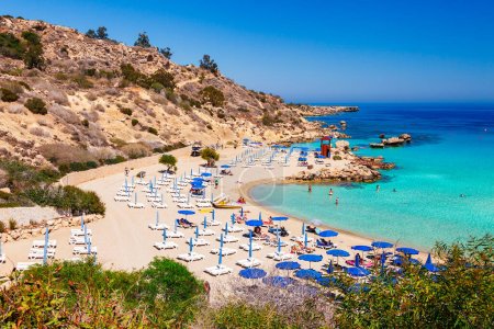 Beautiful landscape near of Nissi beach and Cavo Greco in Ayia Napa, Cyprus island, Mediterranean Sea. Amazing blue green sea and sunny day.