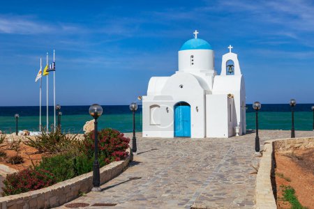 Photo for Orthodox church near of Protaras and Cavo Greco, Cyprus island, Mediterranean Sea. Bright sunny day. - Royalty Free Image