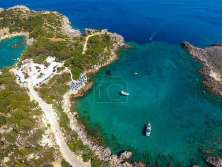 Photo for Aerial birds eye view drone photo Ladiko bay near Anthony Quinn on Rhodes island, Dodecanese, Greece. Panorama with nice lagoon and clear blue water. Famous tourist destination in South Europe - Royalty Free Image