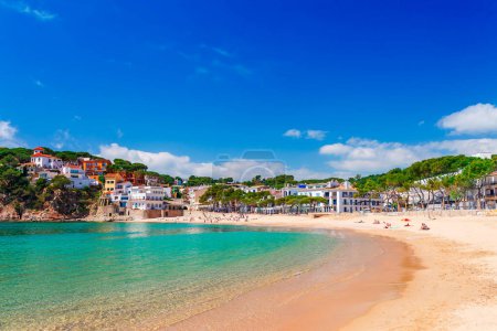 Photo for Sea landscape Llafranc near Calella de Palafrugell, Catalonia, Barcelona, Spain. Scenic old town with nice sand beach and clear blue water in bay. Famous tourist destination in Costa Brava - Royalty Free Image