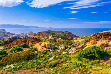 Photo for Sea landscape with Cap de Creus, natural park. Eastern point of Spain, Girona province, Catalonia. Famous tourist destination in Costa Brava. Sunny summer day with blue sky and clouds - Royalty Free Image