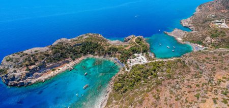 Photo for Aerial birds eye view drone photo Anthony Quinn and Ladiko bay on Rhodes island, Dodecanese, Greece. Panorama with nice lagoon and clear blue water. Famous tourist destination in South Europe - Royalty Free Image