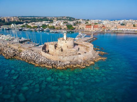 Photo for Aerial birds eye view drone photo of Rhodes city island, Dodecanese, Greece. Panorama with Mandraki port, lagoon and clear blue water. Famous tourist destination in South Europe - Royalty Free Image